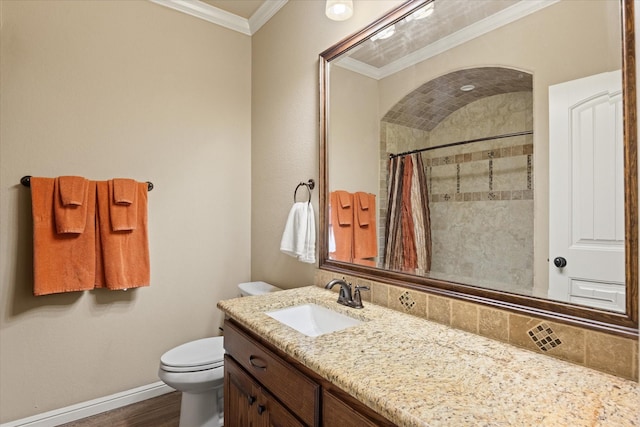 1408 Joshua Way, Granbury, TX 76048 - full bathroom with vanity, ornamental molding, wood finished floors, toilet, and a tile shower
