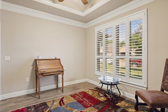 1408 Joshua Way, Granbury, TX 76048 - living area featuring baseboards, ornamental molding, a ceiling fan, and wood finished floors