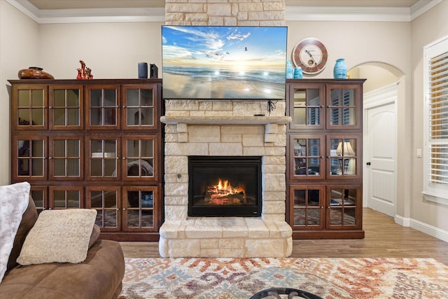 1408 Joshua Way, Granbury, TX 76048 - living area featuring crown molding, baseboards, wood finished floors, and a fireplace
