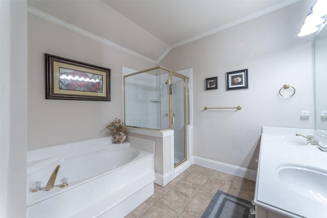 full bathroom featuring a sink, ornamental molding, a shower stall, and a garden tub