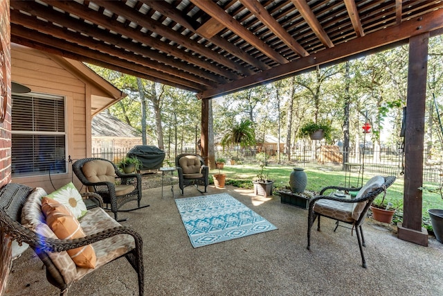 view of patio featuring a fenced backyard and a grill
