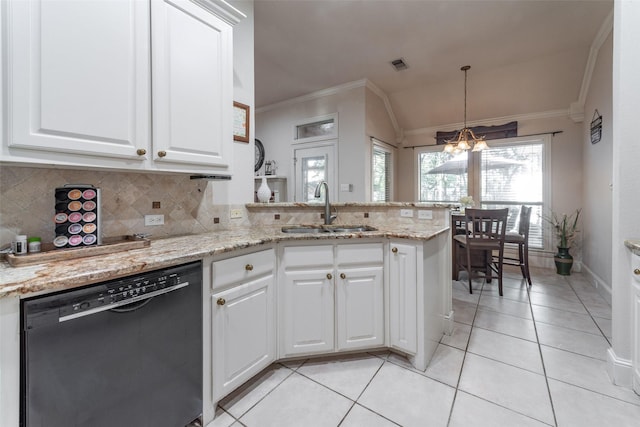kitchen with black dishwasher, crown molding, visible vents, and a sink