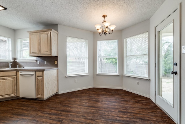 3804 Periwinkle Dr, Fort Worth, TX 76137 - kitchen featuring light brown cabinets, a textured ceiling, dishwasher, a chandelier, and dark wood-type flooring
