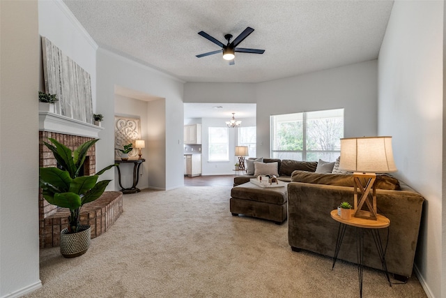 3804 Periwinkle Dr, Fort Worth, TX 76137 - living area with carpet flooring, a textured ceiling, baseboards, and ceiling fan with notable chandelier