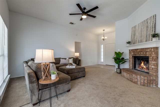 3804 Periwinkle Dr, Fort Worth, TX 76137 - living area with carpet flooring, a fireplace, visible vents, and ceiling fan with notable chandelier