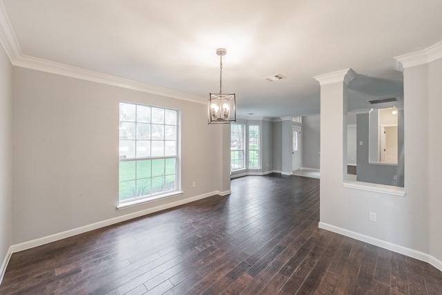 interior space featuring baseboards, crown molding, a notable chandelier, and dark wood-style floors