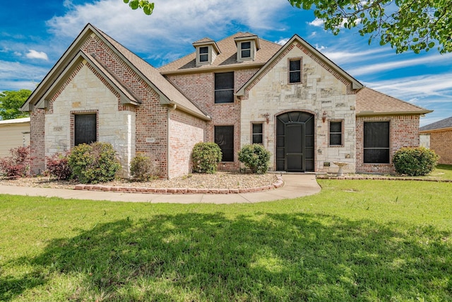 french provincial home featuring brick siding, a front yard, and stone siding