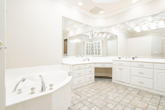 full bath with a bath, crown molding, vanity, brick floor, and recessed lighting