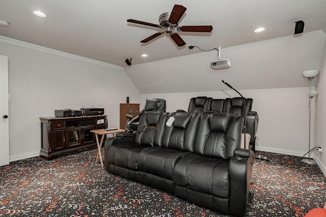 cinema room featuring dark carpet, recessed lighting, baseboards, and ceiling fan