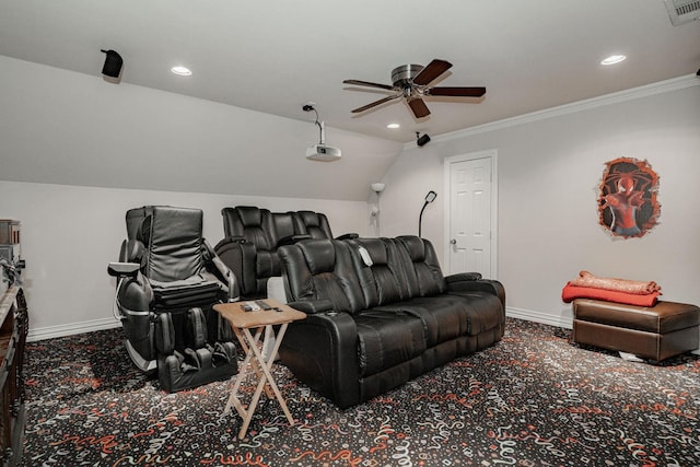 cinema with ceiling fan, visible vents, baseboards, carpet flooring, and recessed lighting