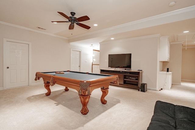 game room with light colored carpet, attic access, a ceiling fan, billiards, and visible vents