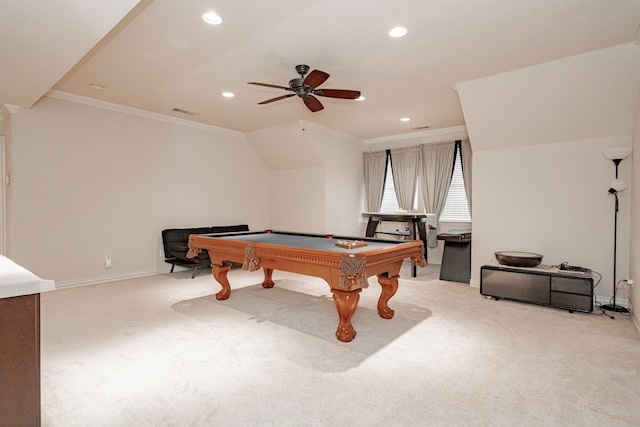playroom with crown molding, billiards, baseboards, and carpet flooring
