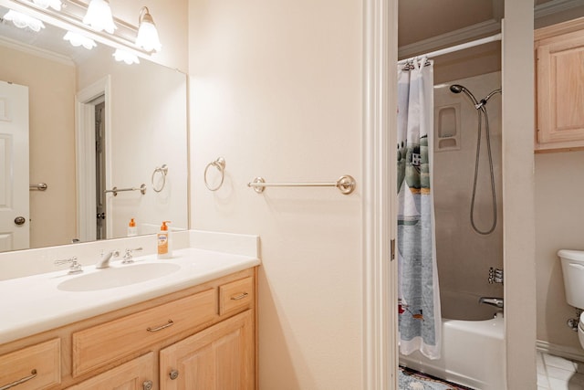 bathroom featuring crown molding, vanity, toilet, and shower / bath combination with curtain