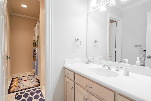full bathroom featuring crown molding, recessed lighting, and vanity