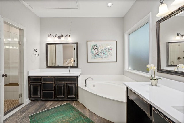 bathroom featuring a sink, two vanities, a shower stall, wood finished floors, and a bath