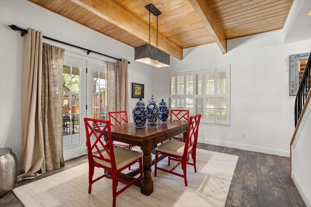 dining room featuring beamed ceiling, a healthy amount of sunlight, wood ceiling, and wood finished floors