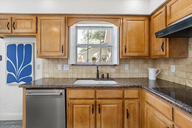kitchen with stainless steel dishwasher, a sink, decorative backsplash, and under cabinet range hood