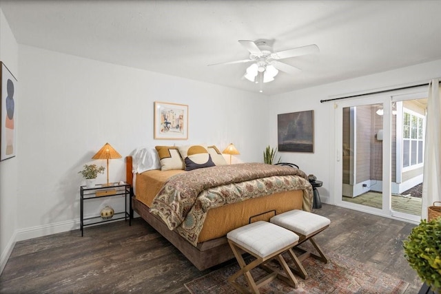 bedroom featuring access to outside, baseboards, a ceiling fan, and wood finished floors