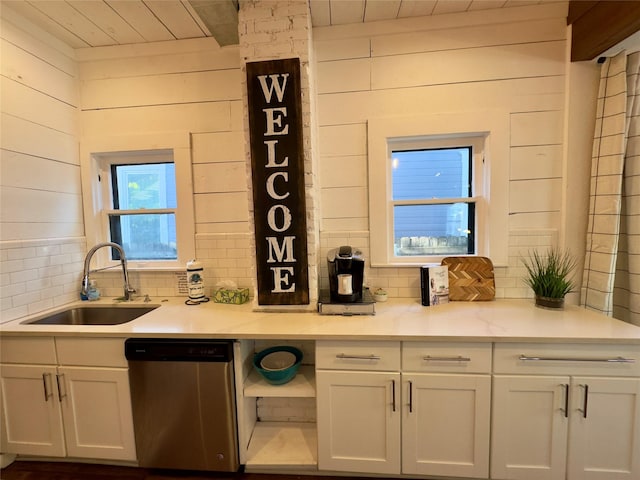 bar featuring a sink, dishwasher, wood walls, tasteful backsplash, and wood ceiling