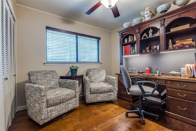 3150 Palmdale Cir, Farmers Branch, TX 75234 - office area with dark wood-type flooring, ornamental molding, and ceiling fan