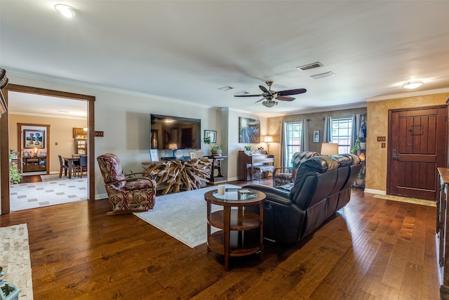 3150 Palmdale Cir, Farmers Branch, TX 75234 - living area featuring dark wood-style flooring, crown molding, ceiling fan, and baseboards