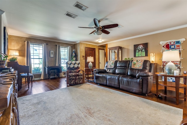 3150 Palmdale Cir, Farmers Branch, TX 75234 - living room featuring hardwood / wood-style flooring, crown molding, and a ceiling fan