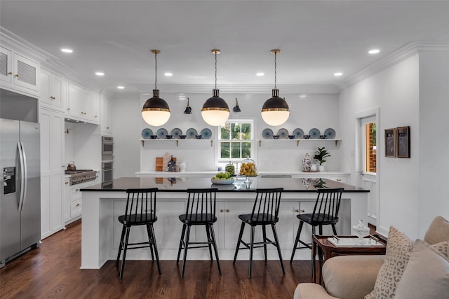 8 Westover Rd, Westover Hills, TX 76107 - kitchen featuring white cabinets, stainless steel appliances, open shelves, and dark wood-style floors