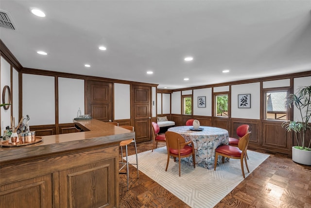 8 Westover Rd, Westover Hills, TX 76107 - dining room featuring a decorative wall, a wainscoted wall, recessed lighting, visible vents, and ornamental molding