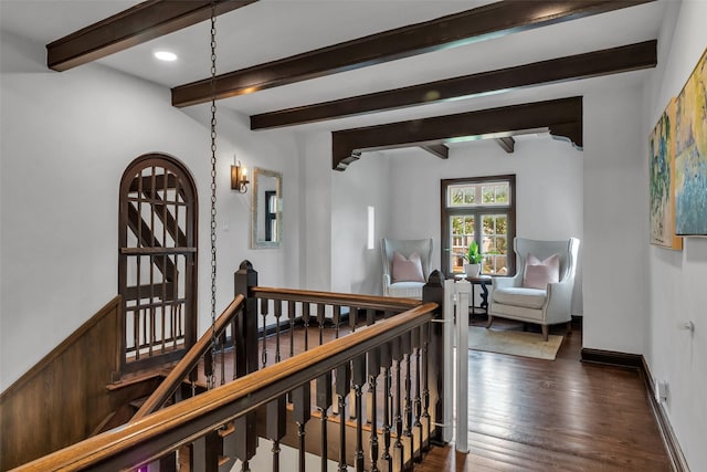 8 Westover Rd, Westover Hills, TX 76107 - hallway with recessed lighting, dark wood finished floors, beam ceiling, and an upstairs landing
