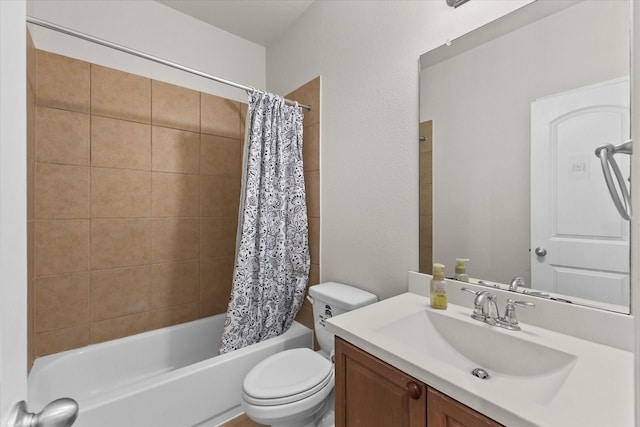 full bath with vanity, toilet, and shower / tub combo with curtain