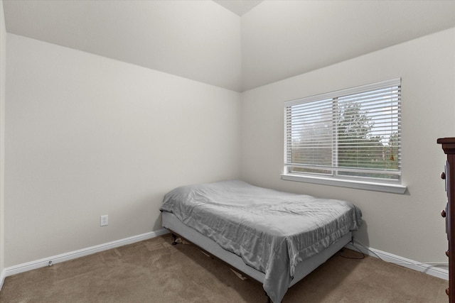 bedroom with baseboards, carpet, and lofted ceiling