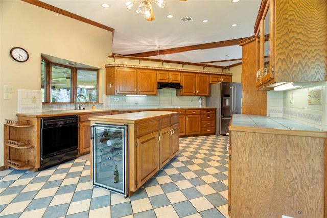 kitchen with visible vents, crown molding, stainless steel fridge with ice dispenser, wine cooler, and black dishwasher