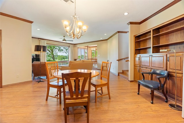 dining room featuring recessed lighting, baseboards, ornamental molding, and light wood-type flooring