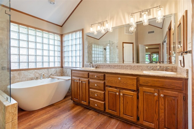 bathroom with visible vents, a sink, vaulted ceiling, and a soaking tub