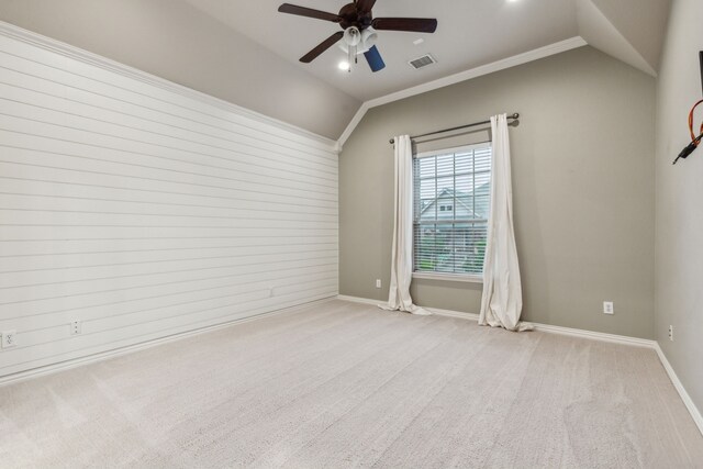 5312 Oakley Rd, Mckinney, TX 75070 - unfurnished room featuring lofted ceiling, a ceiling fan, ornamental molding, carpet flooring, and visible vents