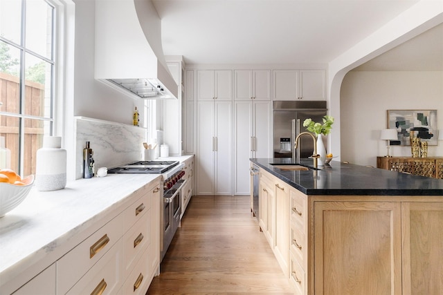 kitchen featuring a sink, light wood-style floors, arched walkways, premium appliances, and custom exhaust hood