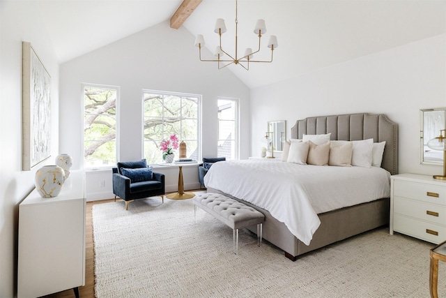 bedroom featuring an inviting chandelier, high vaulted ceiling, multiple windows, and beamed ceiling