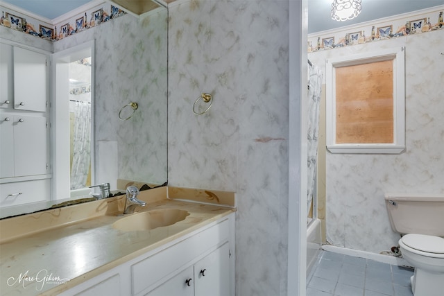 full bath with shower / tub combo, vanity, tile patterned floors, toilet, and wallpapered walls
