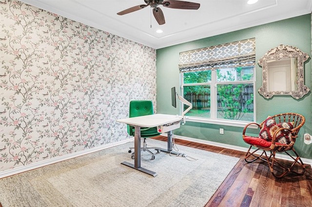 office with wood finished floors, a ceiling fan, crown molding, baseboards, and recessed lighting