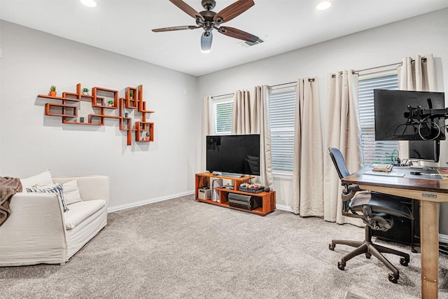 carpeted office space with recessed lighting, ceiling fan, visible vents, and baseboards