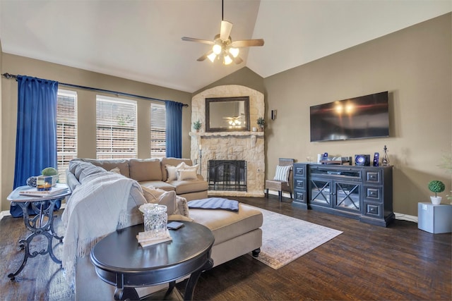 15604 Christopher Ln, Frisco, TX 75035 - living room with a ceiling fan, baseboards, a fireplace, wood finished floors, and lofted ceiling