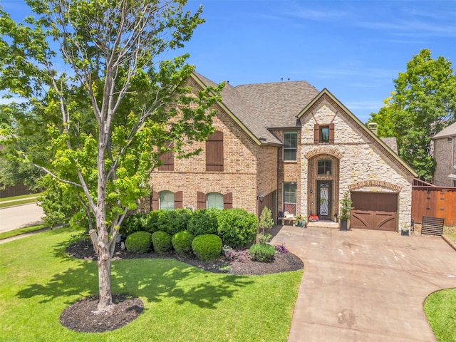 15604 Christopher Ln, Frisco, TX 75035 - french country inspired facade with driveway, a front yard, brick siding, a garage, and stone siding