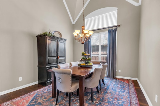 15604 Christopher Ln, Frisco, TX 75035 - dining area featuring a chandelier, dark wood finished floors, baseboards, and high vaulted ceiling