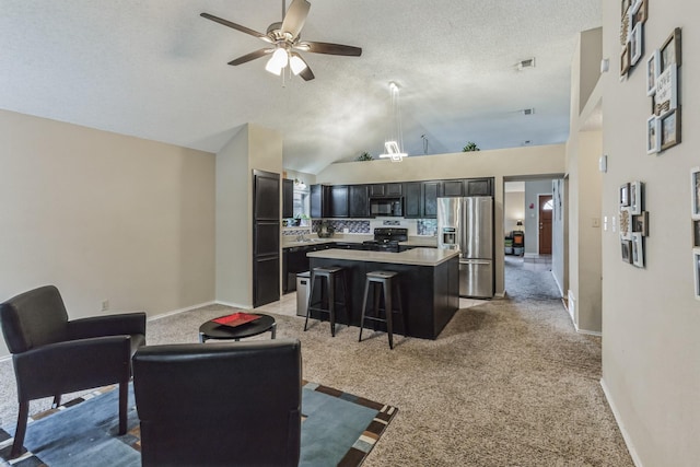 living room featuring baseboards, light colored carpet, ceiling fan, and vaulted ceiling