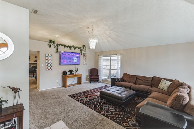 carpeted living room featuring visible vents and baseboards