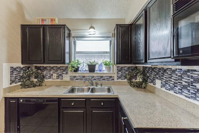 kitchen with a sink, light countertops, tasteful backsplash, and black appliances