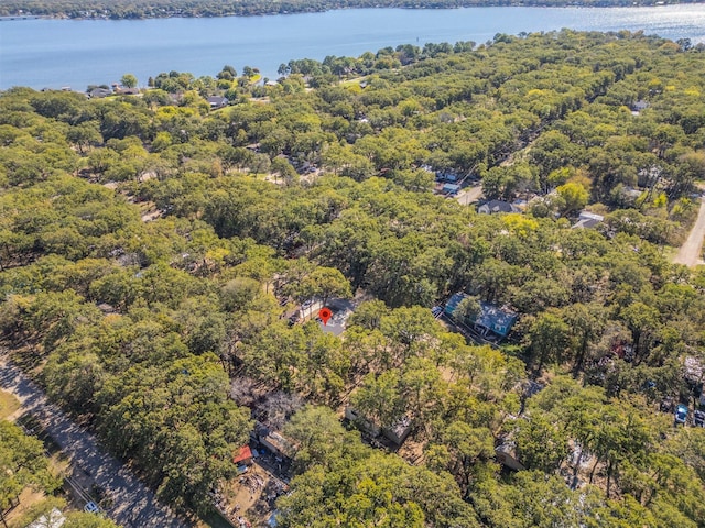 aerial view featuring a water view and a forest view