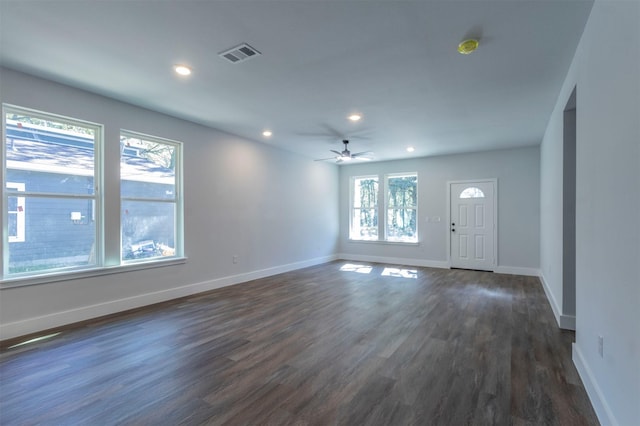 unfurnished living room featuring recessed lighting, ceiling fan, visible vents, and dark wood-style floors