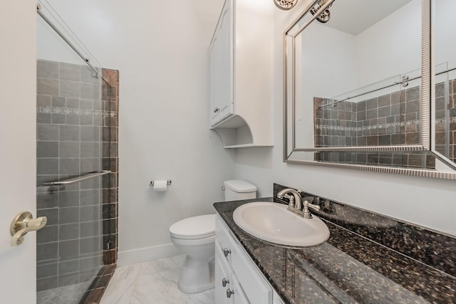 full bath with marble finish floors, toilet, vanity, baseboards, and tiled shower
