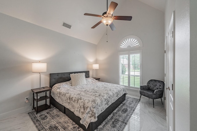 bedroom with high vaulted ceiling, baseboards, and ceiling fan